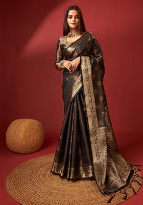 Black Woven Design Jacquard Saree Set