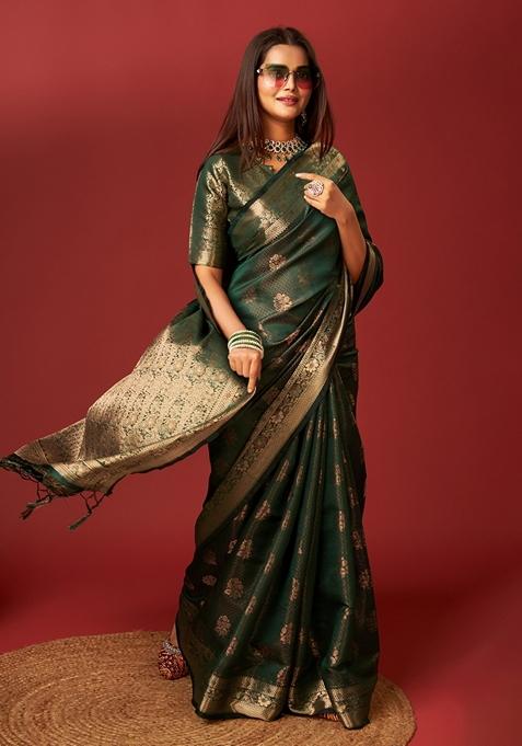 Green Woven Design Jacquard Saree Set