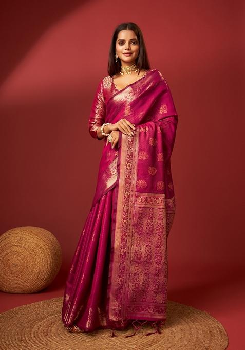 Pink Woven Design Jacquard Saree Set