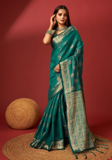 Turquoise Woven Design Jacquard Saree Set