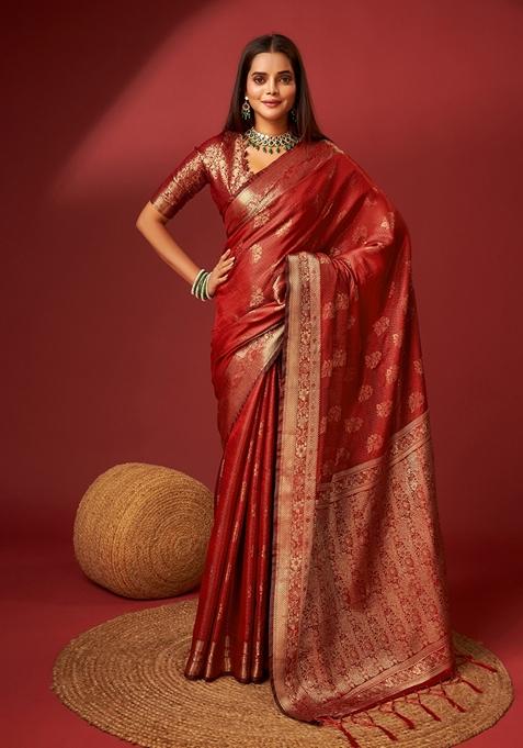 Red Woven Design Jacquard Saree Set