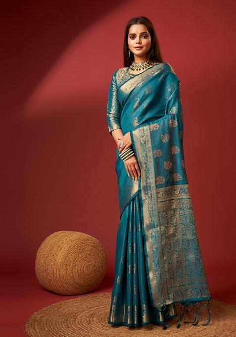 Sky Blue Woven Design Jacquard Saree Set