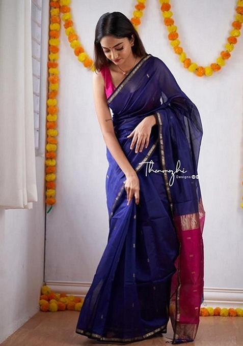 Navy Blue Woven Design Jacquard Saree Set