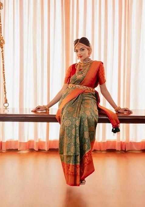 Green Woven Design Jacquard Saree Set