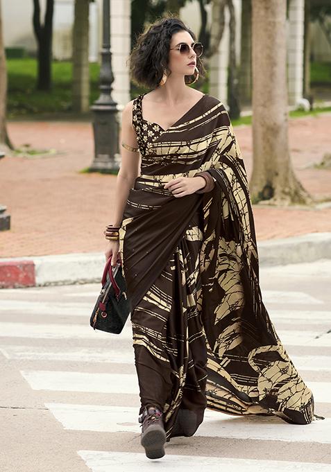 Brown Printed Japan Satin Saree Set