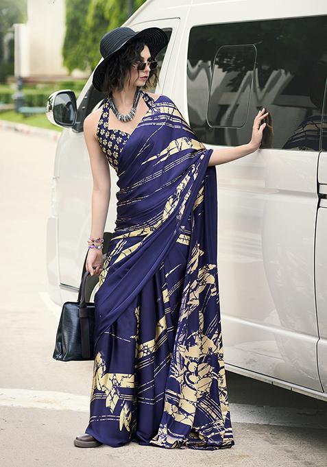 Navy Blue Printed Japan Satin Saree Set