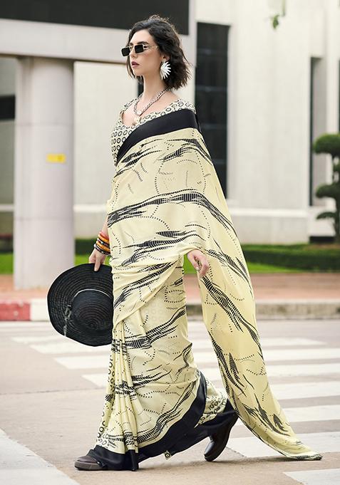 Multicolour Printed Japan Satin Saree Set