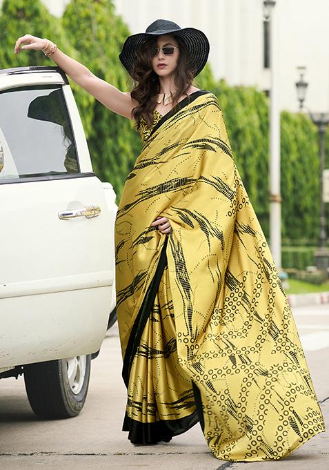 Yellow Printed Japan Satin Saree Set