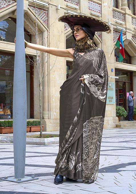 Brown Printed Japan Satin Saree Set