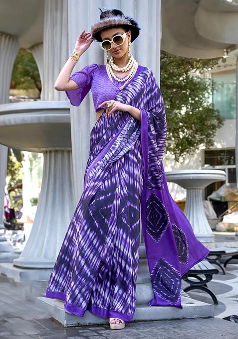 Purple Printed Japan Satin Saree Set