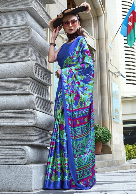 Multicolour Printed Japan Satin Saree Set