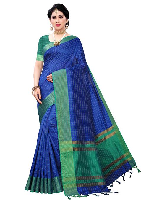Navy Blue Woven Jacquard Saree Set