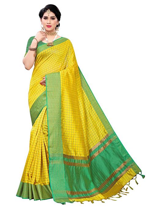 Yellow Woven Jacquard Saree Set