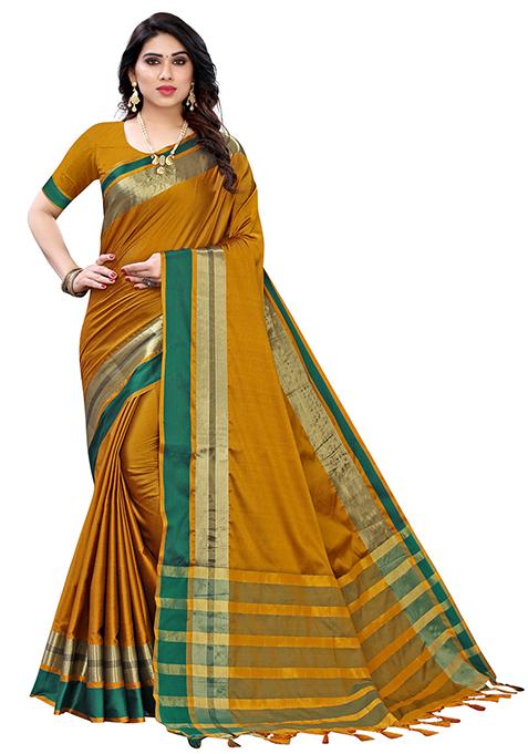 Mustard Woven Jacquard Saree Set