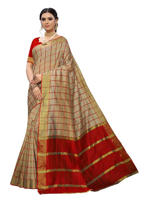 Beige Woven Jacquard Saree Set