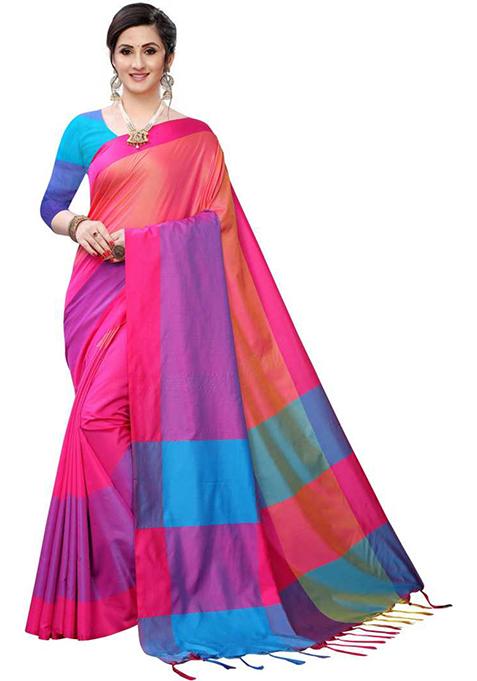 Pink Woven Jacquard Saree Set