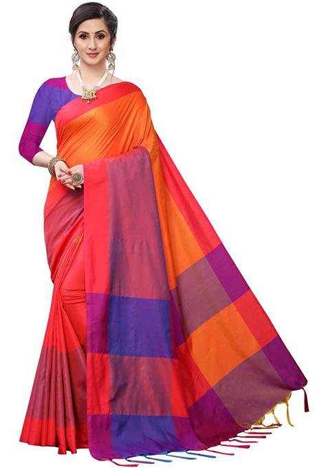 Orange Woven Jacquard Saree Set