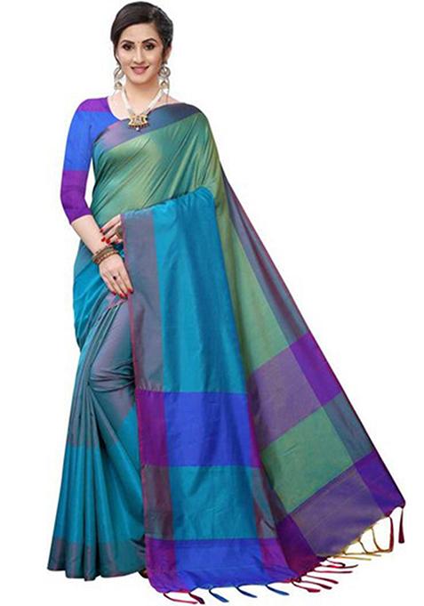 Turquoise Woven Jacquard Saree Set