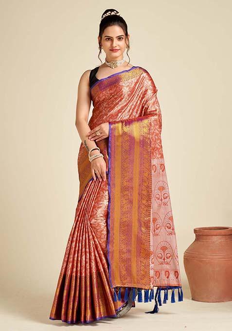 Orange Woven Jacquard Saree Set