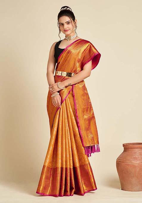 Yellow Woven Jacquard Saree Set