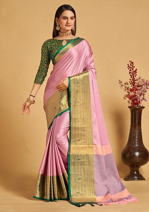 Pink Woven Jacquard Saree Set