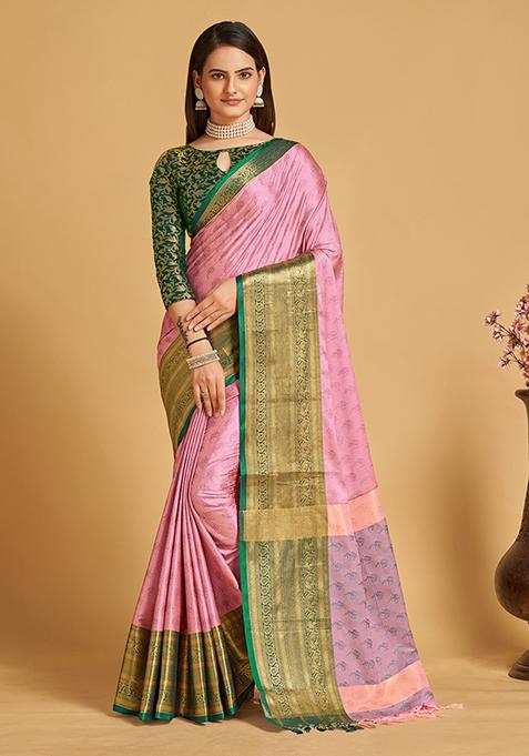 Pink Woven Jacquard Saree Set