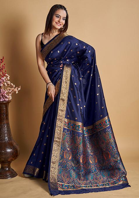 Navy Blue Woven Jacquard Saree Set