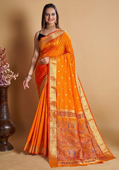 Orange Woven Jacquard Saree Set