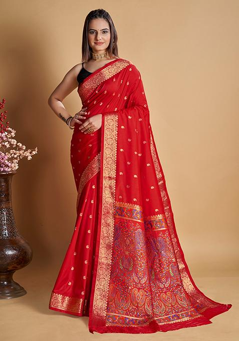 Red Woven Jacquard Saree Set