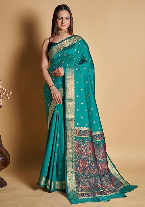 Turquoise Woven Jacquard Saree Set