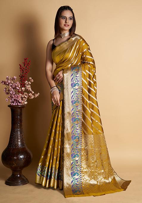 Mustard Woven Jacquard Saree Set