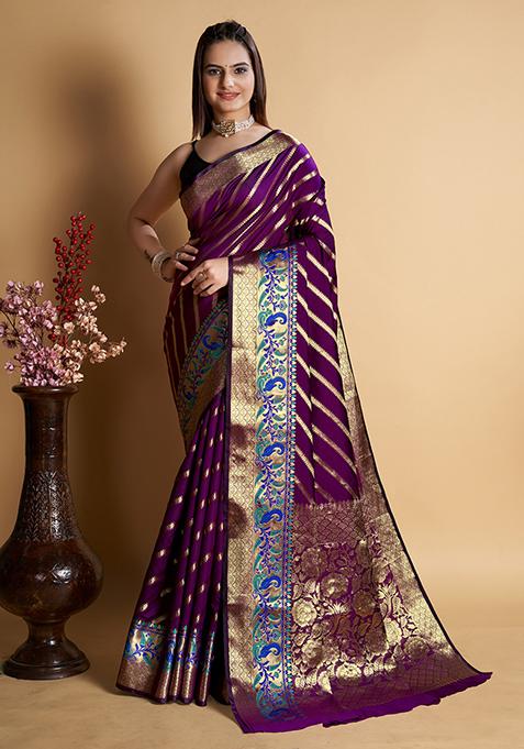 Purple Woven Jacquard Saree Set