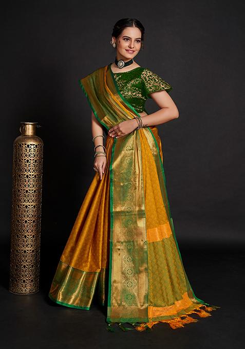 Mustard Woven Jacquard Saree Set