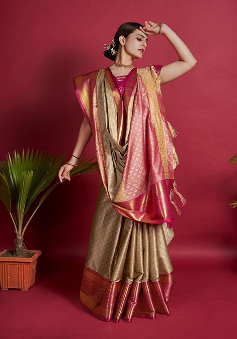 Beige Woven Jacquard Saree Set