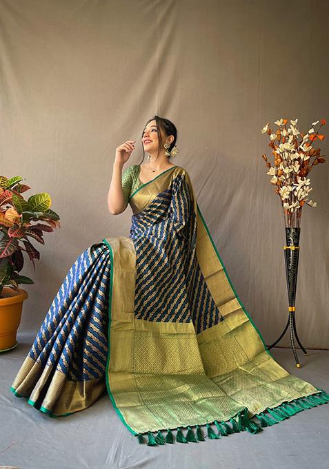 Navy Blue Woven Jacquard Saree Set
