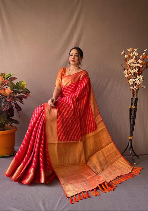 Red Woven Jacquard Saree Set
