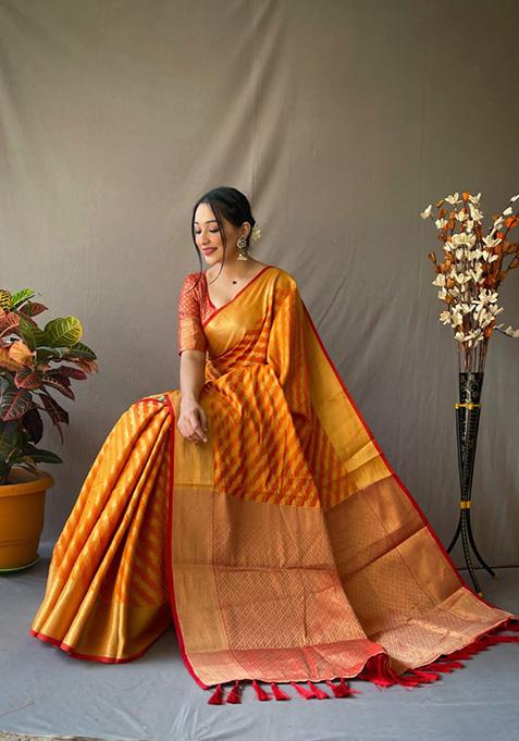 Yellow Woven Jacquard Saree Set