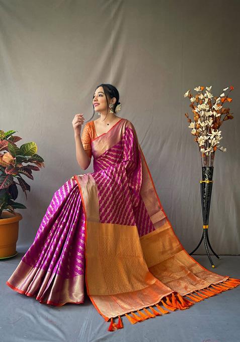 Purple Woven Jacquard Saree Set