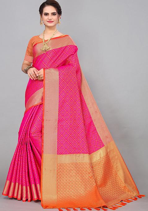 Rani Pink Woven Jacquard Saree Set