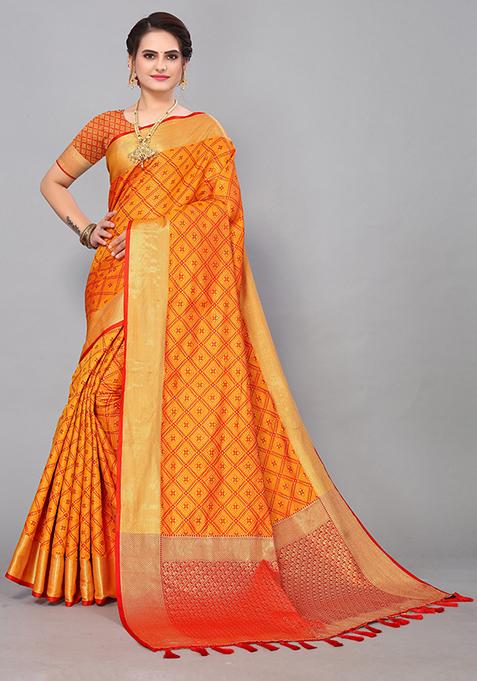 Orange Woven Jacquard Saree Set