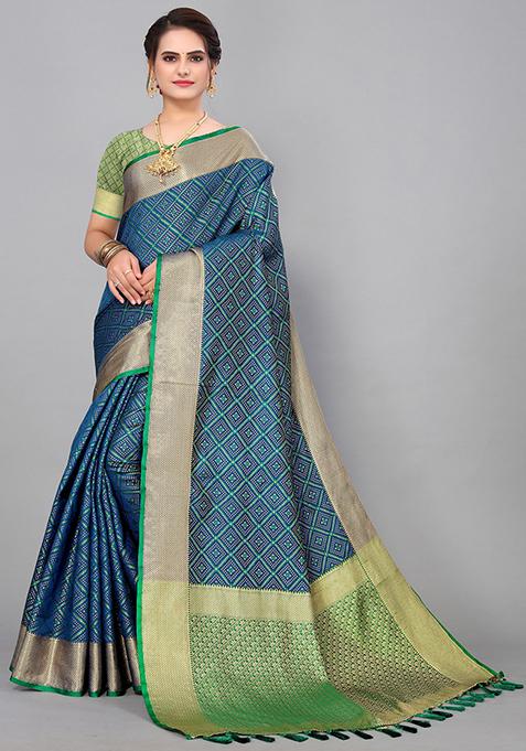 Turquoise Woven Jacquard Saree Set