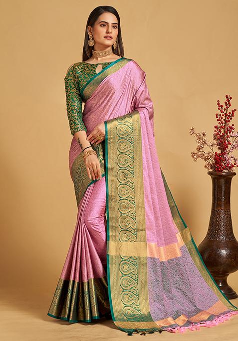 Pink Woven Jacquard Saree Set