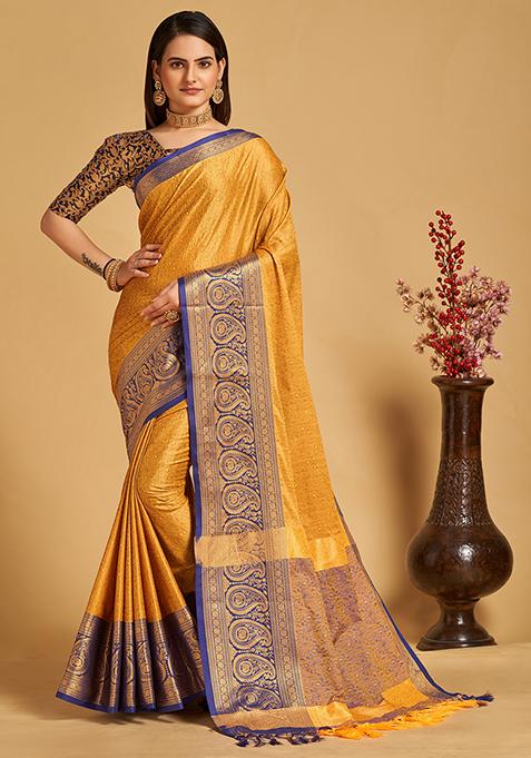 Mustard Woven Jacquard Saree Set