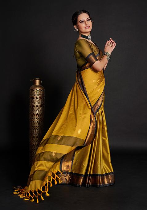 Yellow Woven Jacquard Saree Set