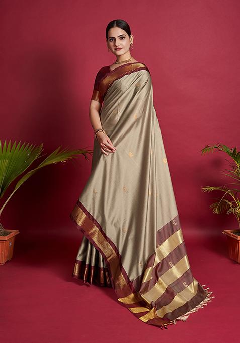 Beige Woven Jacquard Saree Set