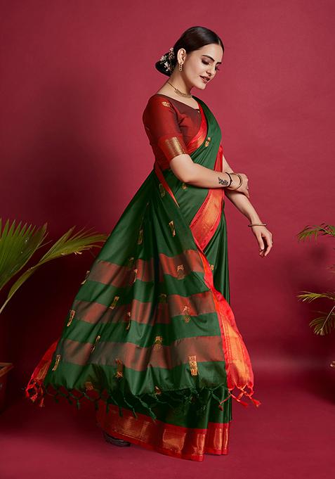 Green Woven Jacquard Saree Set