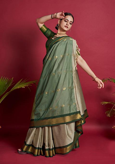 Beige Woven Jacquard Saree Set