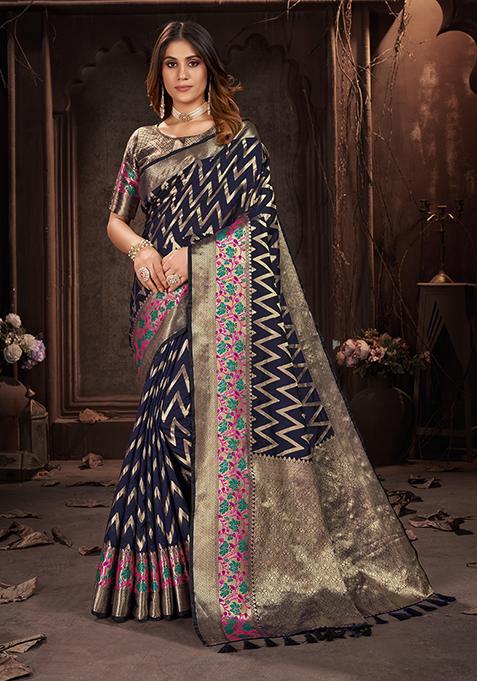 Navy Blue Woven Jacquard Saree Set