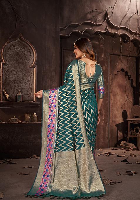Turquoise Woven Jacquard Saree Set