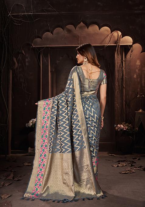 Light Grey Woven Jacquard Saree Set